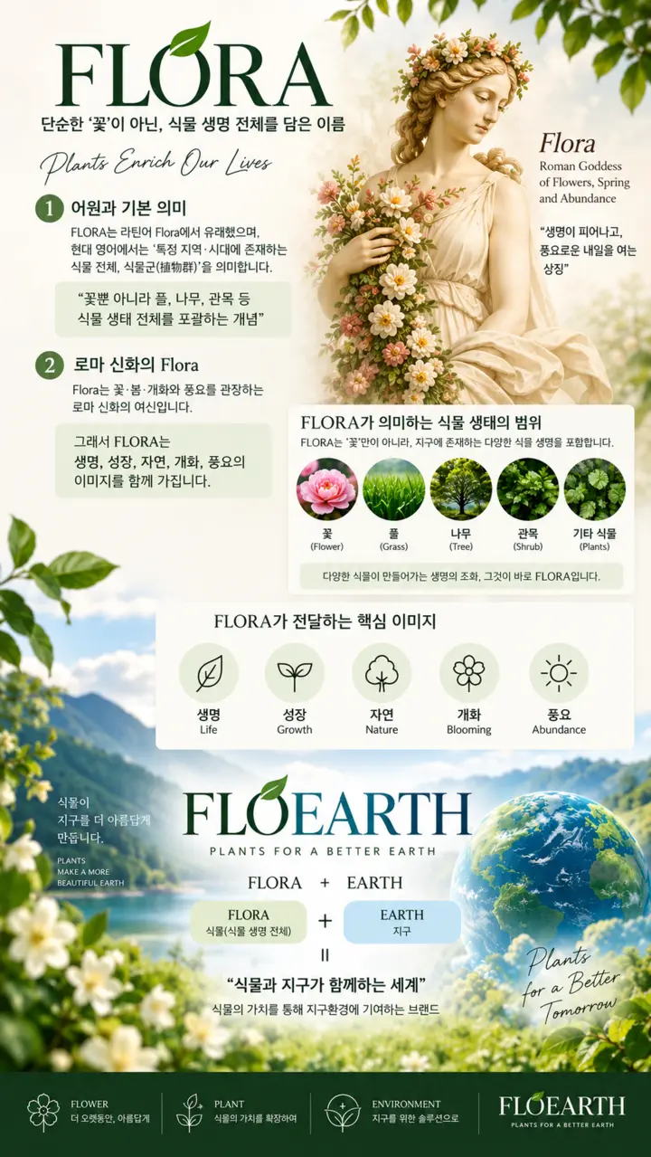 FLORA의 어원과 식물 생명의 의미를 소개하는 FLOEARTH 포스터