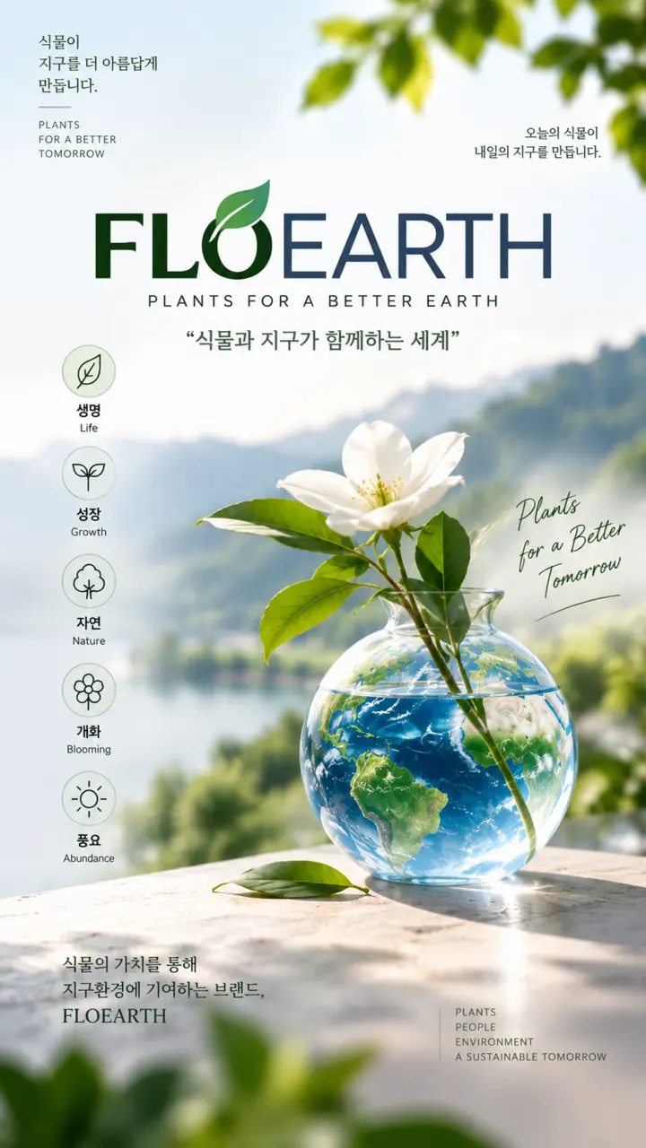 꽃과 지구가 담긴 유리 화병으로 공존을 표현한 포스터