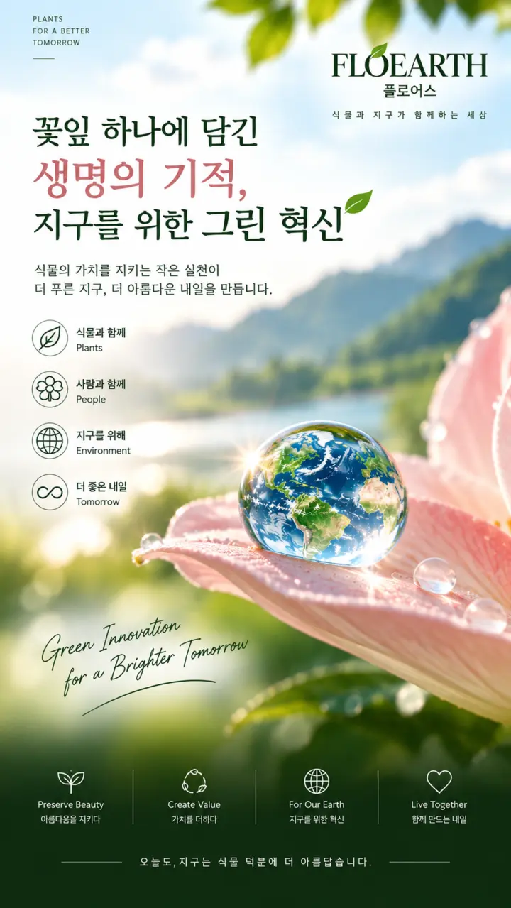 꽃잎 위 지구로 생명의 기적과 그린 혁신을 표현한 포스터