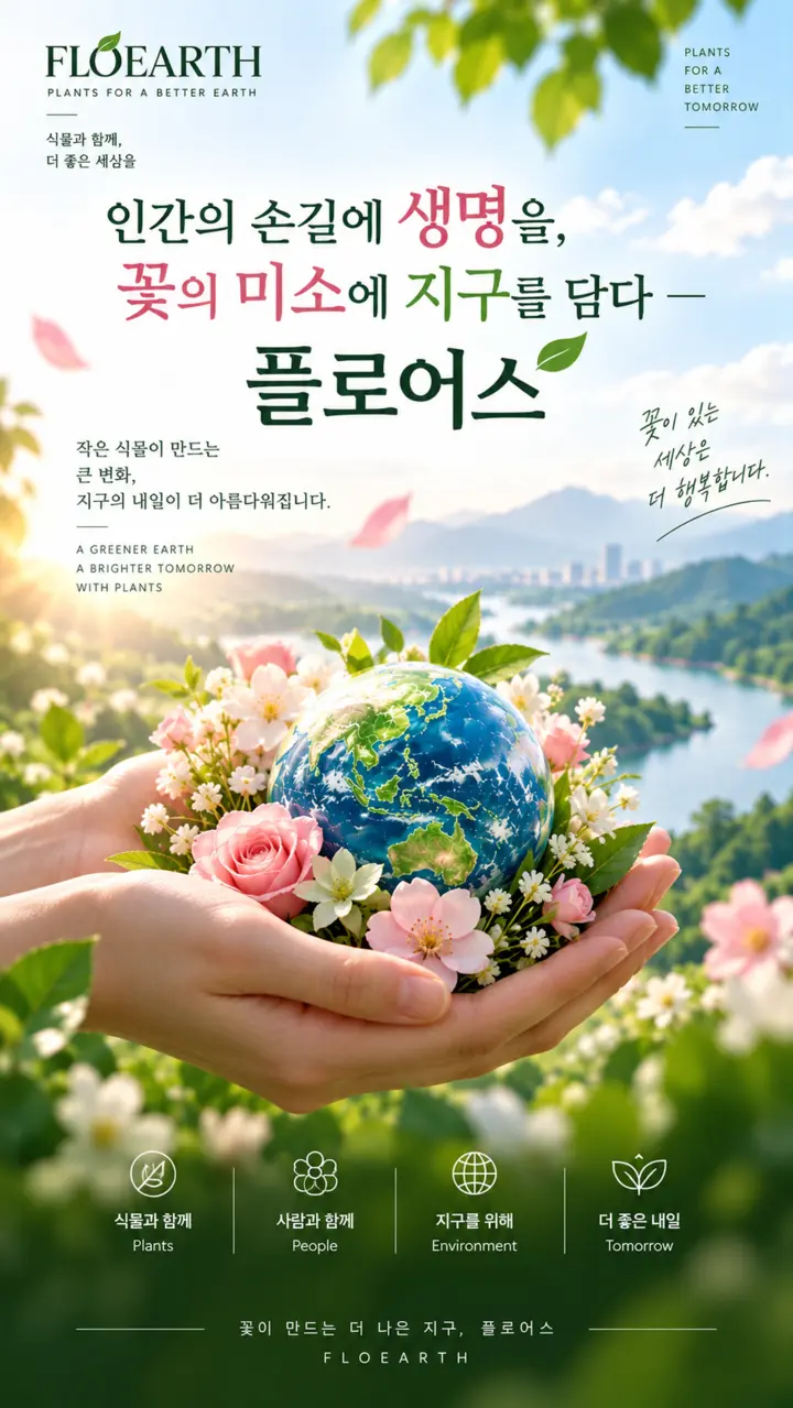 꽃과 지구를 품은 손으로 사람과 자연의 동행을 표현한 포스터